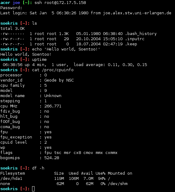 Via ssh on the Soekris net4801 running Soentoo